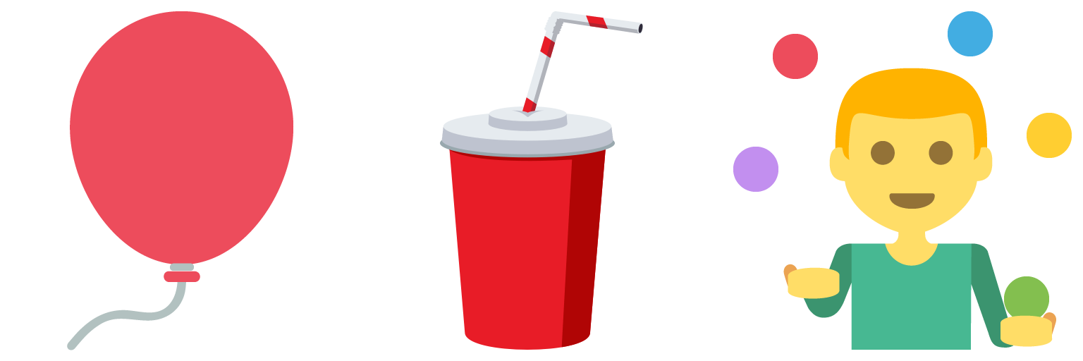 balloon, cup with straw, person juggling